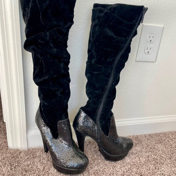 Michael Antonio knee Boots glitter faux suede Sz 5.5  Heels Baddie - Picture 10 of 12